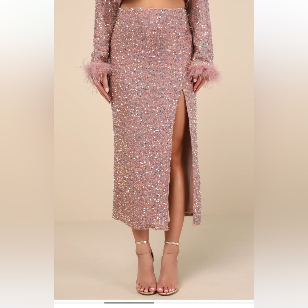 Lulu's Pink Sequin Midi Skirt with Slit